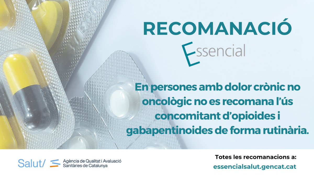 Atenció Primària i a la Comunitat de l'ICS (@primariaicscat) on Twitter photo En persones amb dolor crònic no oncològic no es recomana l’ús concomitant d’opioides i gabapentinoides de forma rutinària
Recomanació #EssencialSalut de l'<a href="/AQuAScat/">AQuAS</a>, sobre pràctiques clíniques de poc valor amb el propòsit de millorar el sistema sanitari
essencialsalut.gencat.cat/ca/detalls/Art… En persones amb dolor crònic no oncològic no es recomana l’ús concomitant d’opioides i gabapentinoides de forma rutinària
Recomanació #EssencialSalut de l'<a href="/AQuAScat/">AQuAS</a>, sobre pràctiques clíniques de poc valor amb el propòsit de millorar el sistema sanitari
essencialsalut.gencat.cat/ca/detalls/Art…