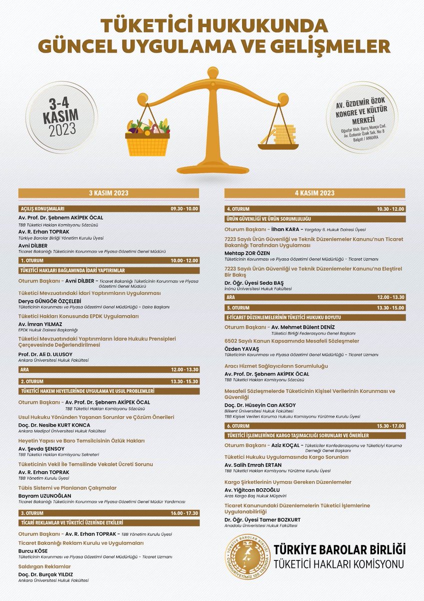3 Kasım Cuma saat 09:30-17:30 , 4 Kasım Cumartesi saat 10:30-17:00 aralığında TBB Av. Özdemir Özok Kongre ve Kültür Merkezinde Tüketici Hukukunda Güncel Uygulama ve Gelişmeler Sempozyumu gerçekleştirilecektir. Tüm meslektaşlarımız ve paydaşlarımız davetlidir. #tüketici #tbb
