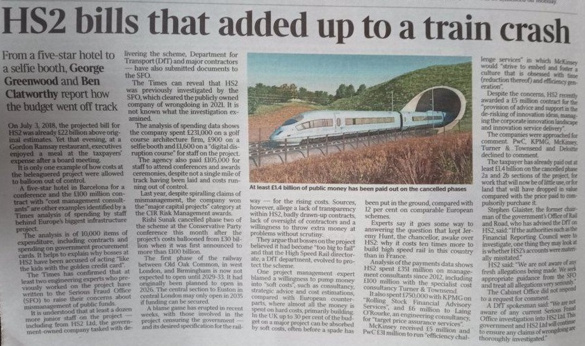 stophs2's tweet image. Today&apos;s The Times exposes spending by @HS2ltd on everything from five-star hotels in Barcelona, to a £231,000 contract with a golf course architecture firm.
The article also states that whistle-blowers have written to and submitted documents to the @UKSFO.
#HS2 #StopHS2
