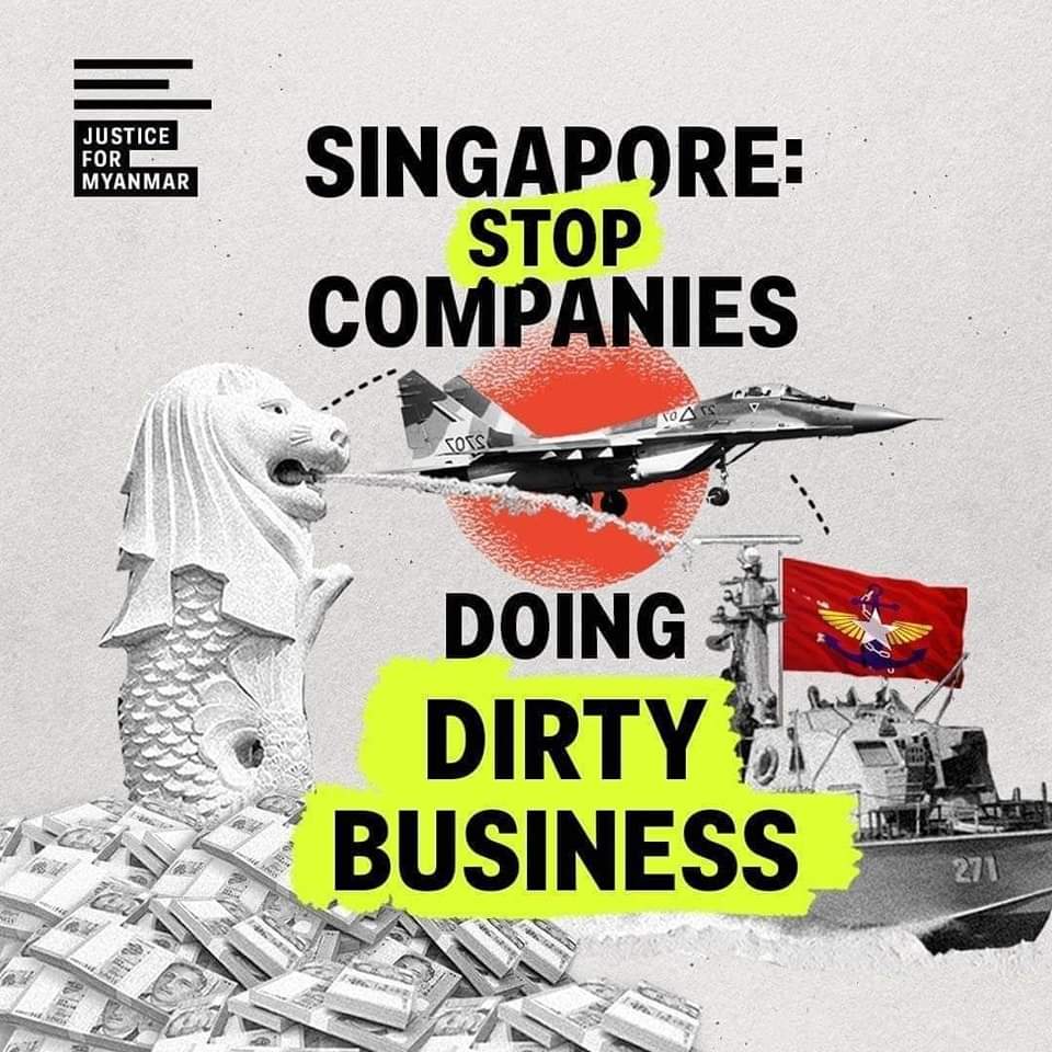 Zzin_Thi's tweet photo. Arms traffickers have moved millions through Singapore banks as they supply the Myanmar military with weapons and equipment the military uses to slaughter the Myanmar people, including women and children.
#DomoreSingapore 
#WhatsHappeninglnMyanmar https://t.co/xWZsPfDtil