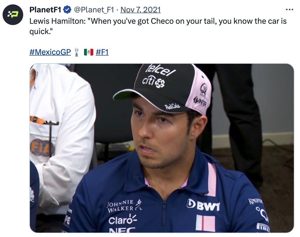 's tweet image. Hypocrisy explained:

Mexico 2021: "When you've got Checo on your tail, you know the car is quick"    

2023: "if I was in Checo's car, I'll do a better job against Max"    

2023: "all my teammates were better than Checo".

2023 #MexicoGP : "I support Checo. I am his friend"