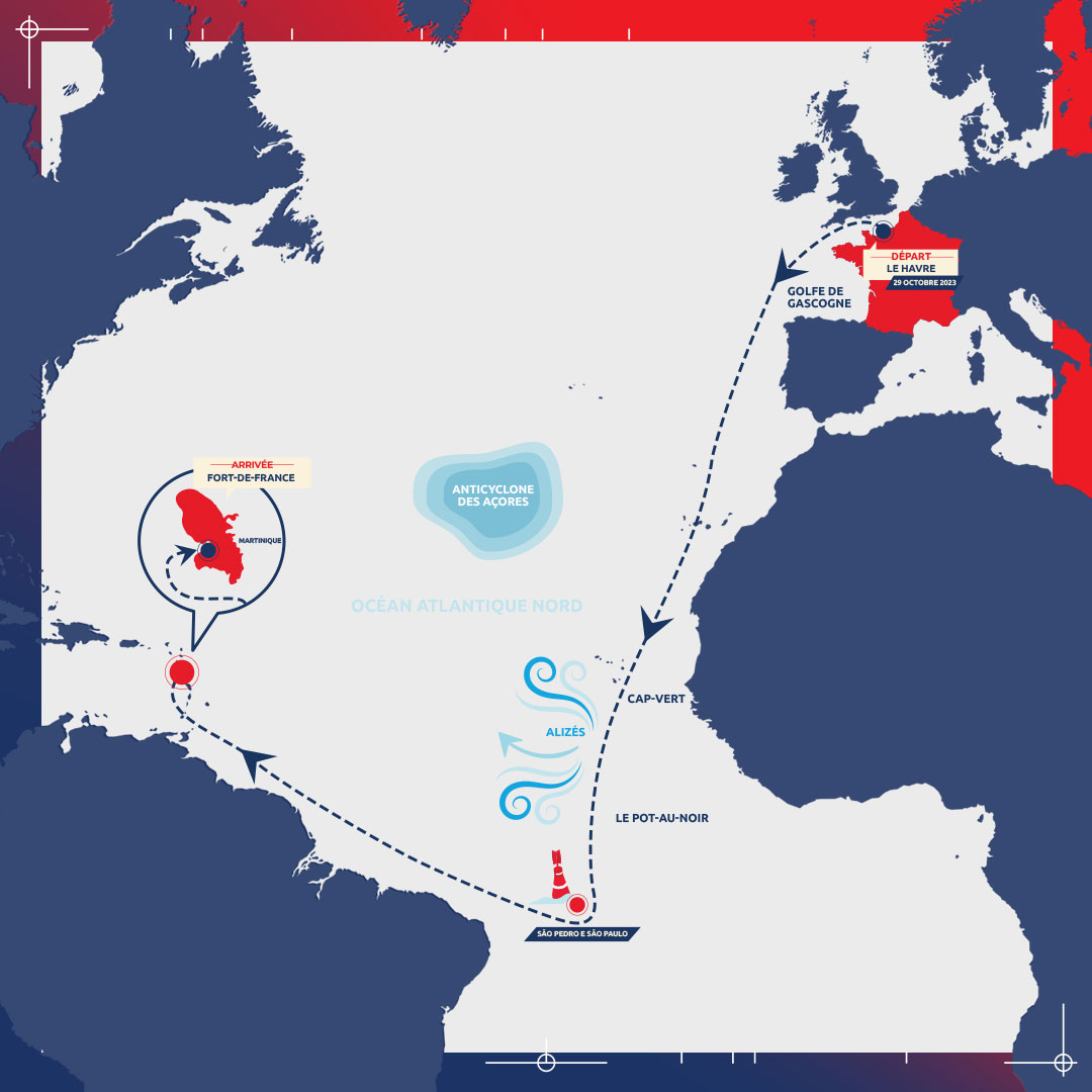 [Point cartographie] 🗺️ Pour cette 16ème édition, les organisateurs de la course proposent un parcours différent à chacune des classes. Les différents passages clés : le Golfe de Gascogne, le Pot-au-Noir et le passage de l’Équateur. #TransatJacquesVabre #lehavre #GoMartinique