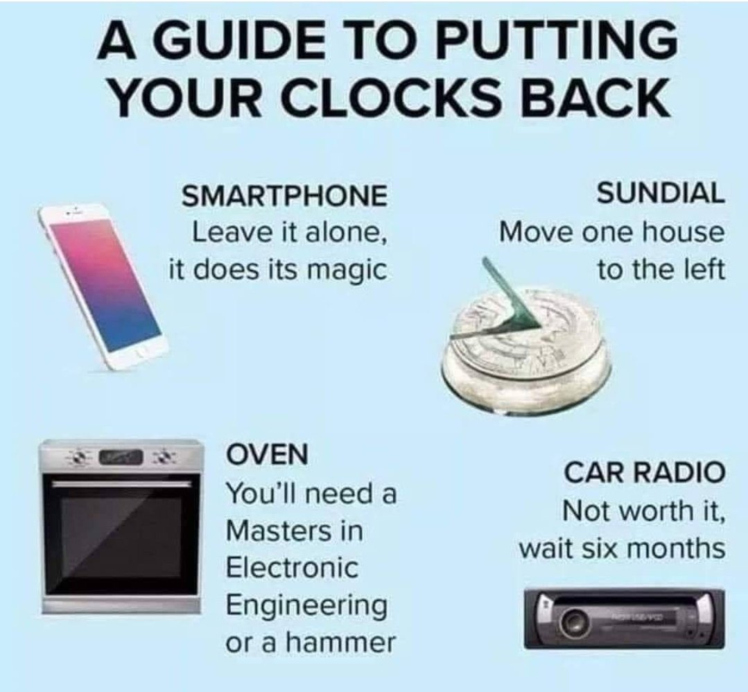 BST ends and the clocks go back an hour tonight!

Remember to reset all your devices.   Hopefully easier to work out than the car radio