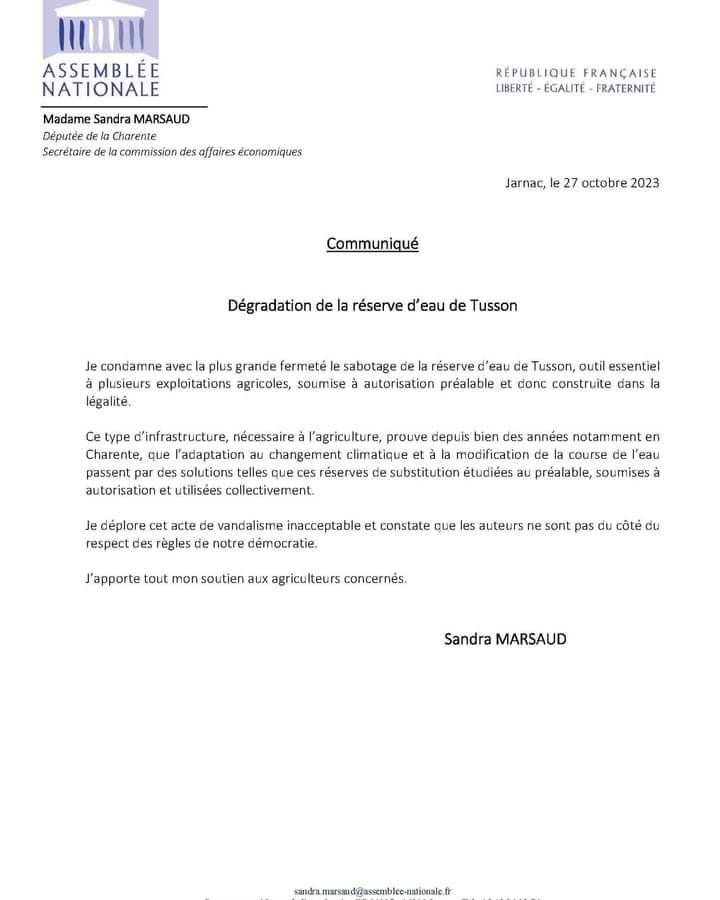 Les condamnations politiques de tous bords sont unanimes !
La destruction de réserve d'eau 💦 n'a ni excuses ni explications car retenir l'eau répond à un intérêt général de sécurisation de la production agricole 🧑‍🌾.
Sinon chez <a href="/FranceInsoumise/">La France insoumise</a> ont attends quoi pour condamner 🤔?