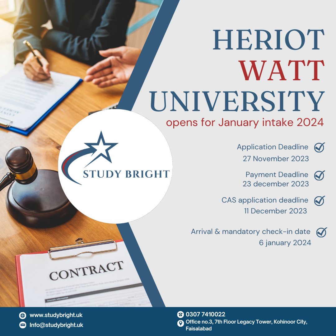 Study_Bright's tweet photo. Heriot-Watt University- opens for January intake 2024. 
   
𝐀𝐏𝐏𝐋𝐘 𝐍𝐎𝐖
Study Bright
Office no.3, 7th Floor Legacy Tower, Kohinoor, Faisalabad
 ➔ 𝐔𝐀𝐍 +92 307 7410022  
➔ 𝐖𝐡𝐚𝐭𝐬𝐀𝐩𝐩: +92 307 7410022 https://t.co/twdEtArIS9