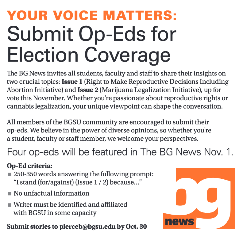 BGFalconMedia's tweet photo. Voters will soon be taking to the polls for the November election and the BG News is looking to feature the opinions of the BGSU community. 

If you have a strong opinion on Issue 1 or Issue 2, make your voice heard by submitting an op-ed to pierceb@bgsu.edu https://t.co/6XZaXBLCvf