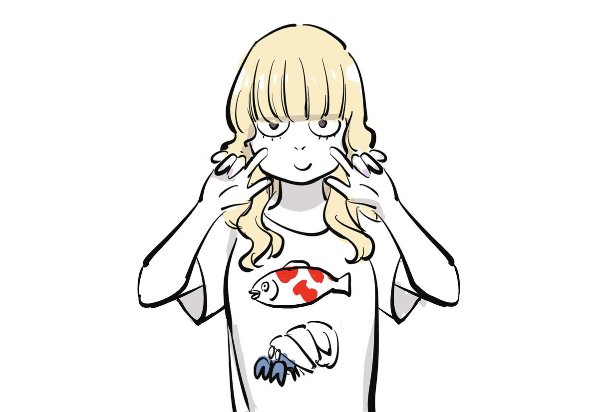 1girl solo blonde hair shirt smile t-shirt simple background  illustration images