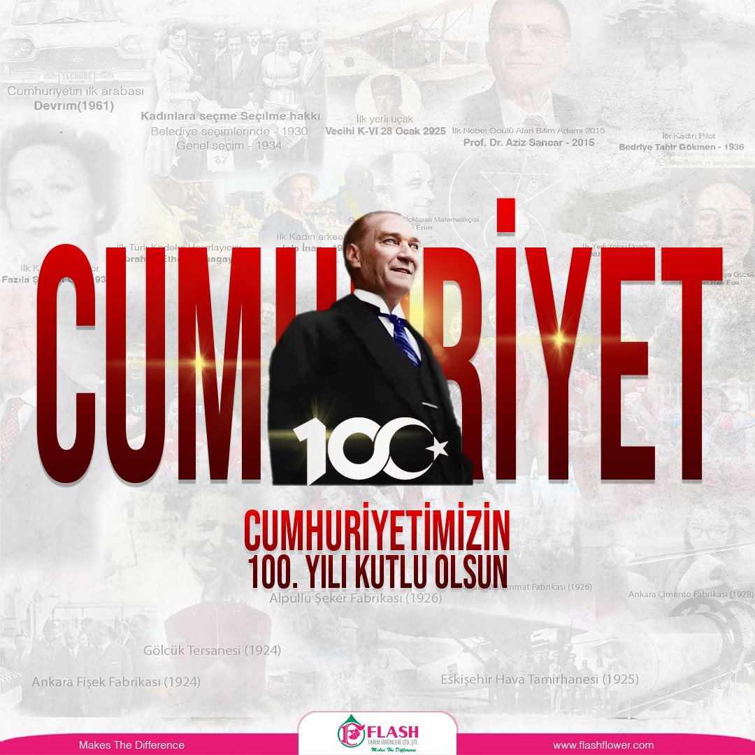 Cumhuriyet 100 Yaşında 🇹🇷

Bu topraklarda bizlere eşitliği ve özgürlüğü sağlayan başta Ulu Önder Mustafa Kemal Atatürk ve silah arkadaşları olmak üzere tüm şehitlerimizi ve gazilerimizi saygı, minnet ve özlemle anıyoruz. Nice 100 yıllara 

#100yaşında #cumhuriyetbayramı #atatürk