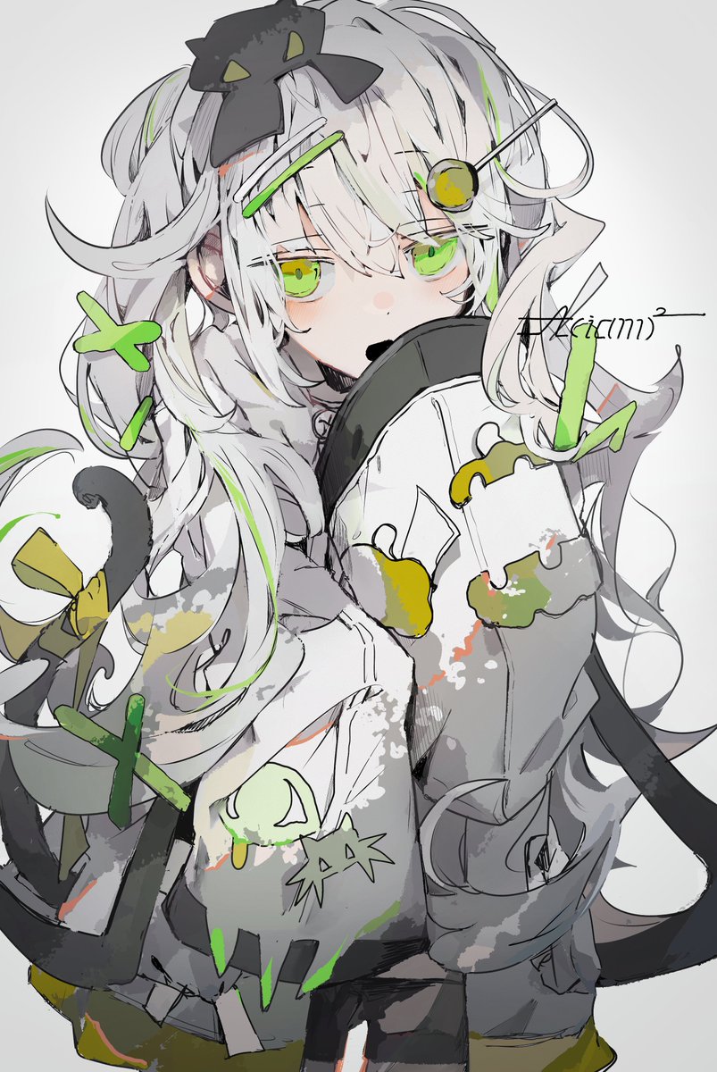 1girl green eyes solo hair ornament long hair looking at viewer white hair  illustration images