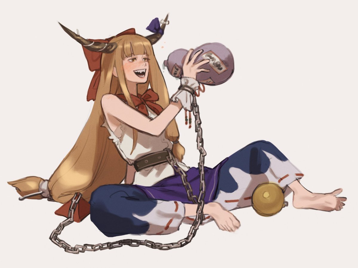 ibuki suika 1girl horns barefoot solo long hair chain gourd  illustration images