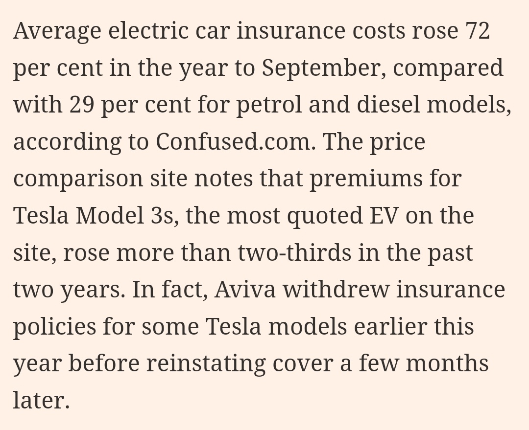 chigrl's tweet image. Electric vehicles: insurers balk at battery fires and write-offs 

Average electric car insurance costs rose 72 per cent in the year to September, compared with 29 per cent for petrol and diesel models, according to Confused. com.

EV claims are typically 25 per cent higher than