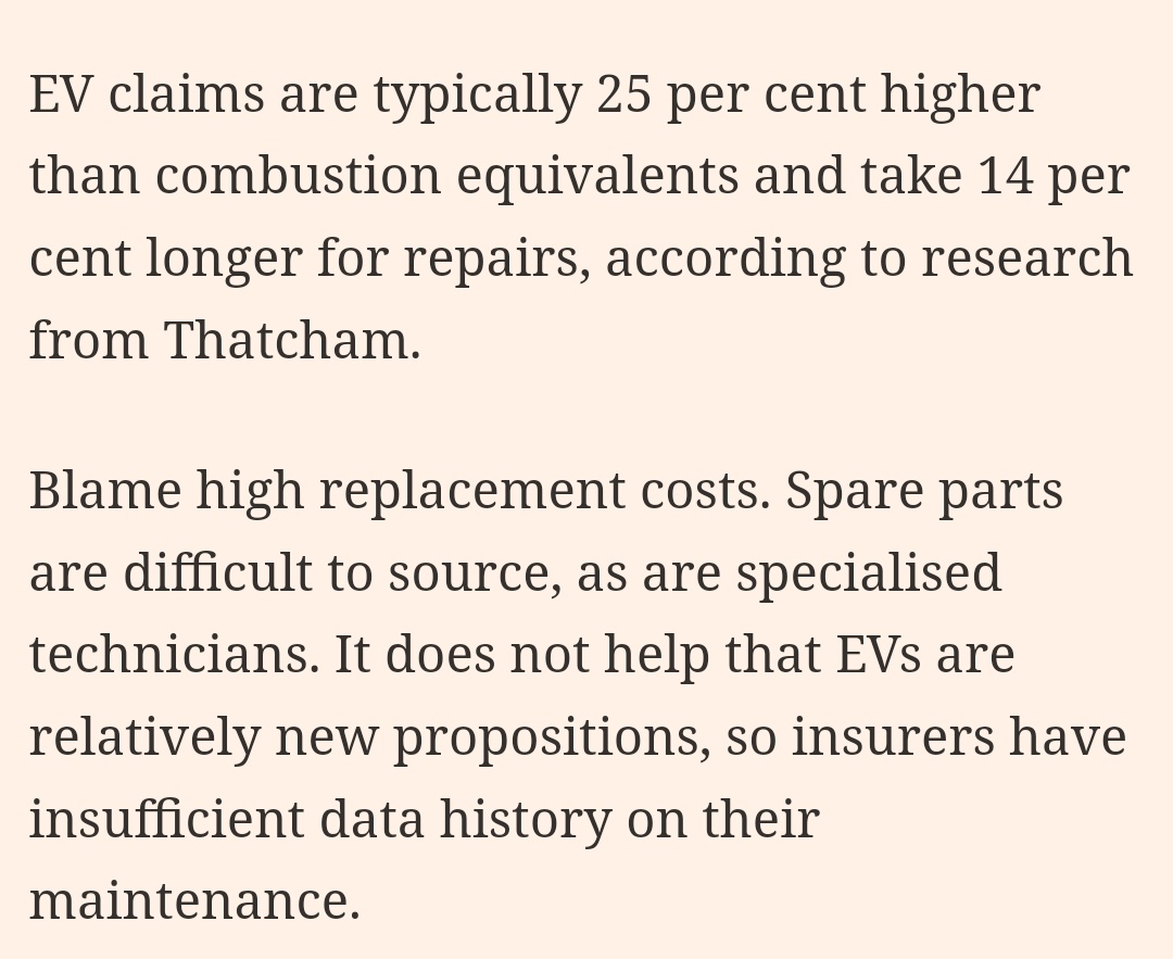 chigrl's tweet image. Electric vehicles: insurers balk at battery fires and write-offs 

Average electric car insurance costs rose 72 per cent in the year to September, compared with 29 per cent for petrol and diesel models, according to Confused. com.

EV claims are typically 25 per cent higher than