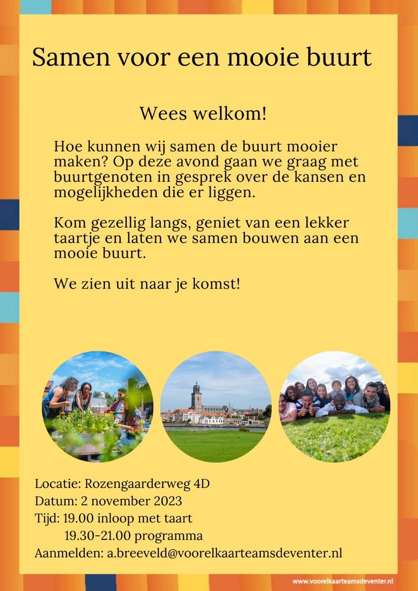 Samen bouwen aan een mooie(re) wijk? 💪💚 Kom dan op donderdag 2 november langs tussen 19.00u - 21.00u aan de Rozengaaderweg 4D. ☕ Aanmelden kan via mailadres: a.breeveld@voorelkaarteamsdeventer.nl. 
Tot dan! 👏