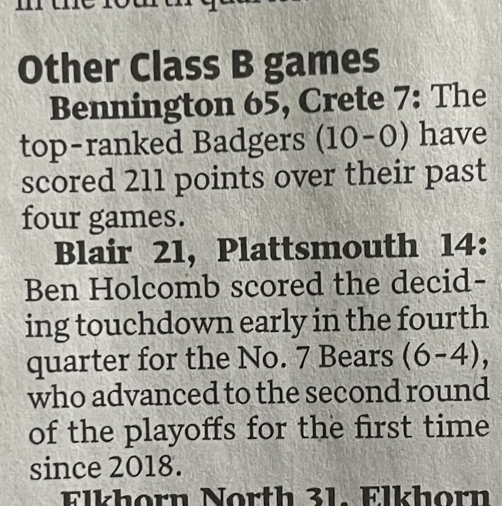 MrsTHolcomb's tweet photo. Great win Blair Bears!  #8 is my fav🏈 #blairbearpride https://t.co/mBTolhqFeQ
