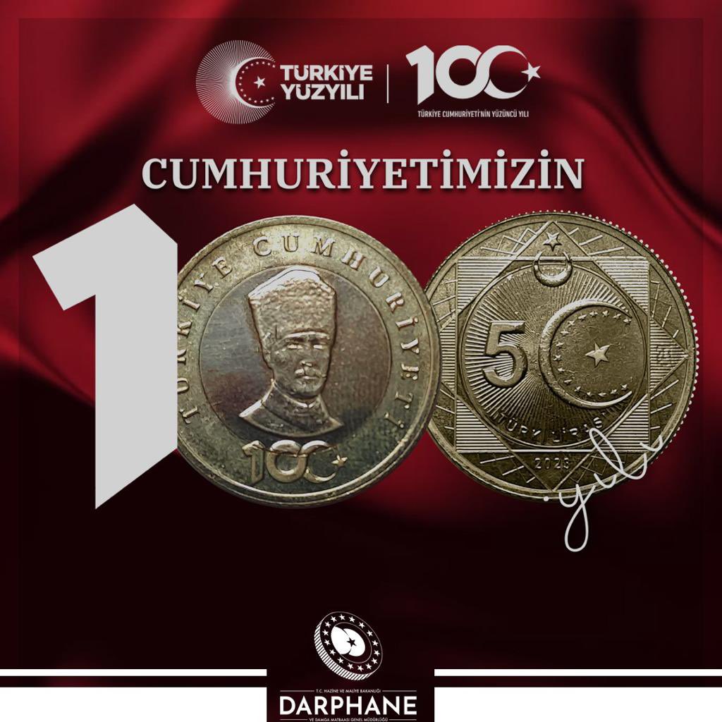 HMBakanligi's tweet photo. Bakanlığımızın oluru ile Darphane ve Damga Matbaası Genel Müdürlüğümüz tarafından Cumhuriyetimizin Kuruluşunun 100. Yılı için 5 TL Madeni Tedavül Hatıra parası basımı gerçekleştirmiştir.

https://t.co/MaoS1Y0skM https://t.co/L70GSsWAs2