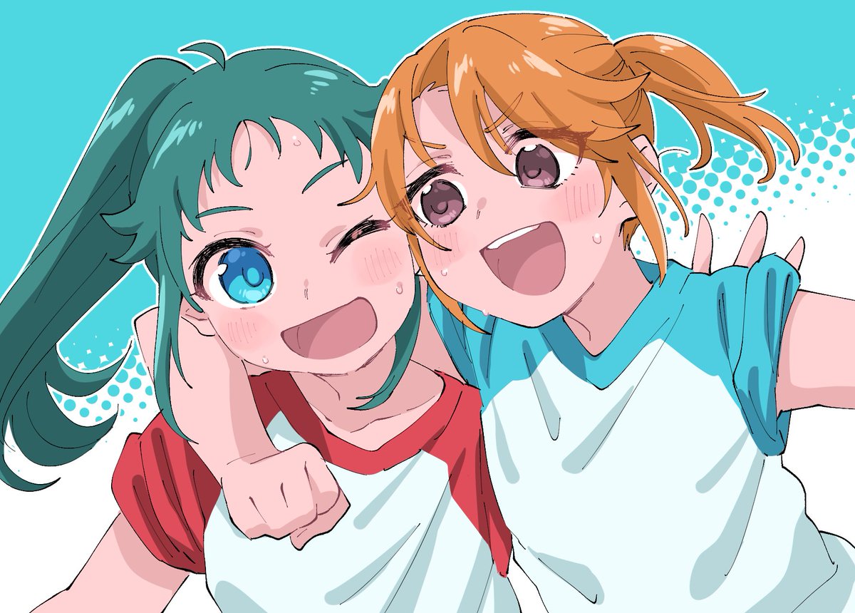 yuuki haru multiple girls 2girls ponytail one eye closed orange hair smile green hair  illustration images