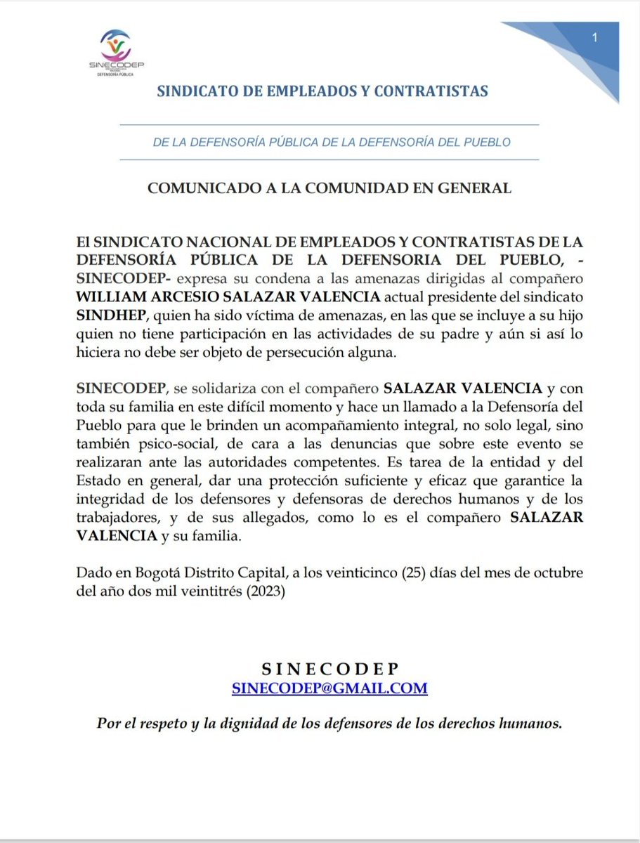 Comunicado del Sindicato Nacional de Empleados y Contratistas de la Defensoría Pública de la Defensoría del Pueblo - SINECODEP condenando las amenazas en contra de nuestro Presidente de SINDHEP