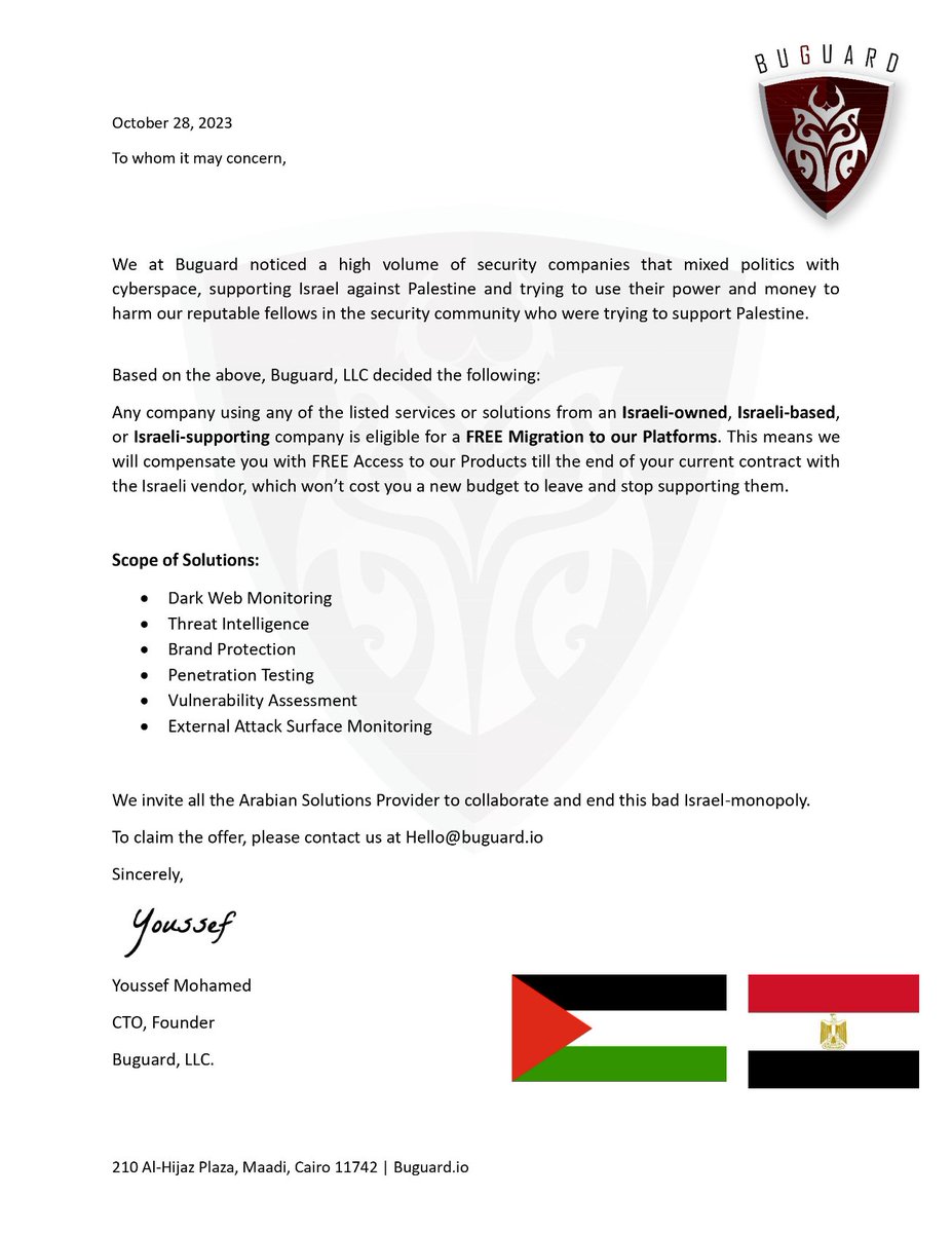 Important Annonucement:

<a href="/BuguardLLC/">Buguard</a>  offers free migration from #Israel security products.

We invite all the #Arabian solutions providers to collaborate.

#CyberSecurity