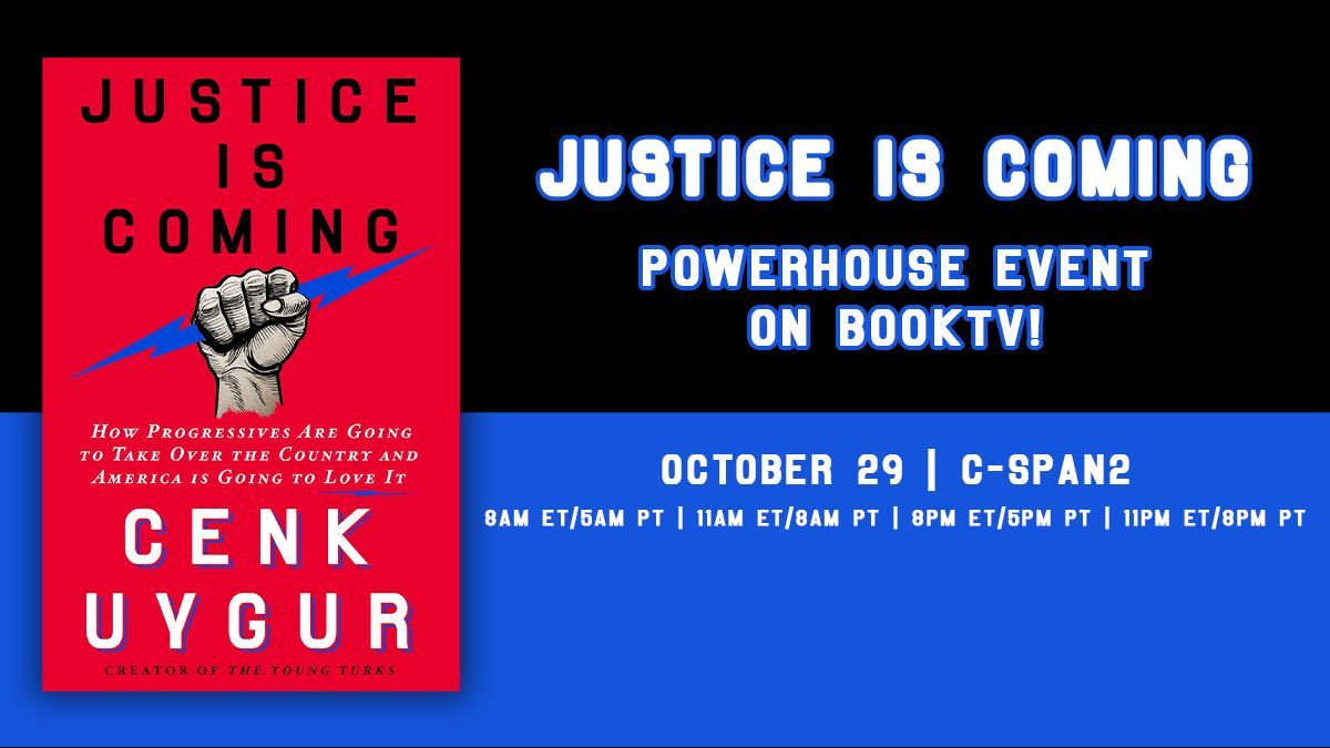 TheYoungTurks's tweet photo. C-SPAN BookTV will be airing @cenkuygur's book launch at the PowerHouse Arena in Brooklyn, New York, on C-SPAN 2 this Sunday at the following times: 8am ET/5am PT, 11am ET/8am PT, 8pm ET/5pm PT, and 11pm ET/8pm PT

Get your copy of Justice is Coming at https://t.co/wT3JX0Kizx! 📚 https://t.co/guxrVFaB2C