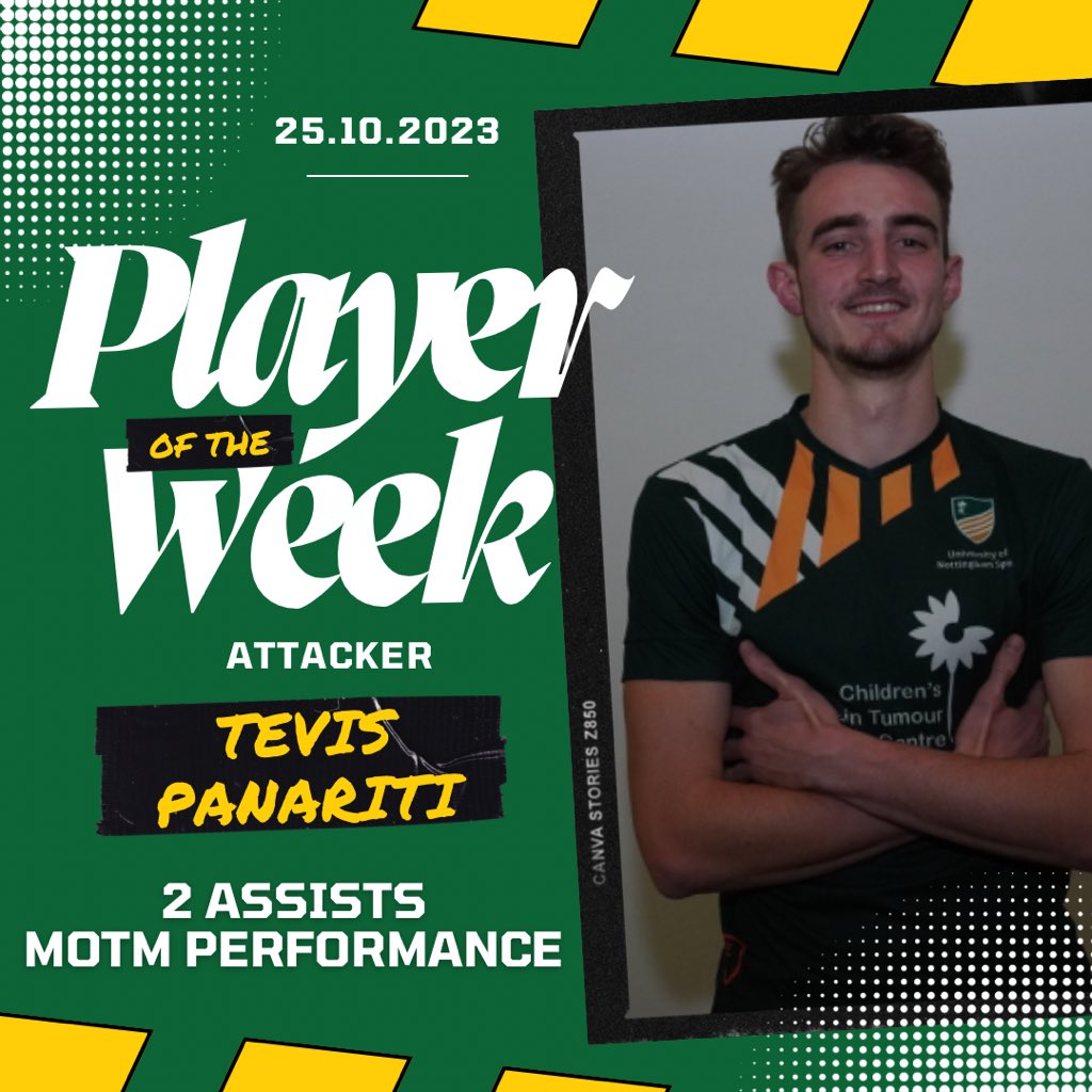 UoNFC's tweet photo. Player of The Week goes to Tevis for his individual brilliance up top for the 2s, grabbing 2 assists and putting in an absolute gust-busting performance for 90mins🥶

#YAMN💚💛 https://t.co/aXcZhEovGc