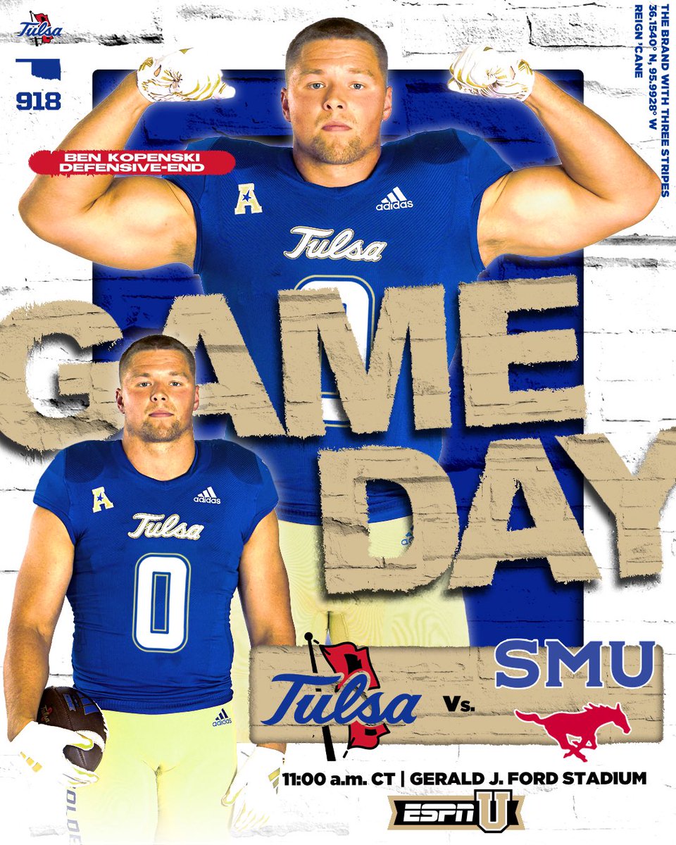 TulsaFootball's tweet photo. 🌀 𝑮𝑨𝑴𝑬 𝑫𝑨𝒀 🌀 

🆚 SMU
⌚️ 11:00 a.m. CT
📍 Gerald J. Ford Stadium 
📺 ESPNU
📻 BIG COUNTRY 99.5 FM

#ReignCane👑🌀 | #FIGHT https://t.co/IZlKmniVHL