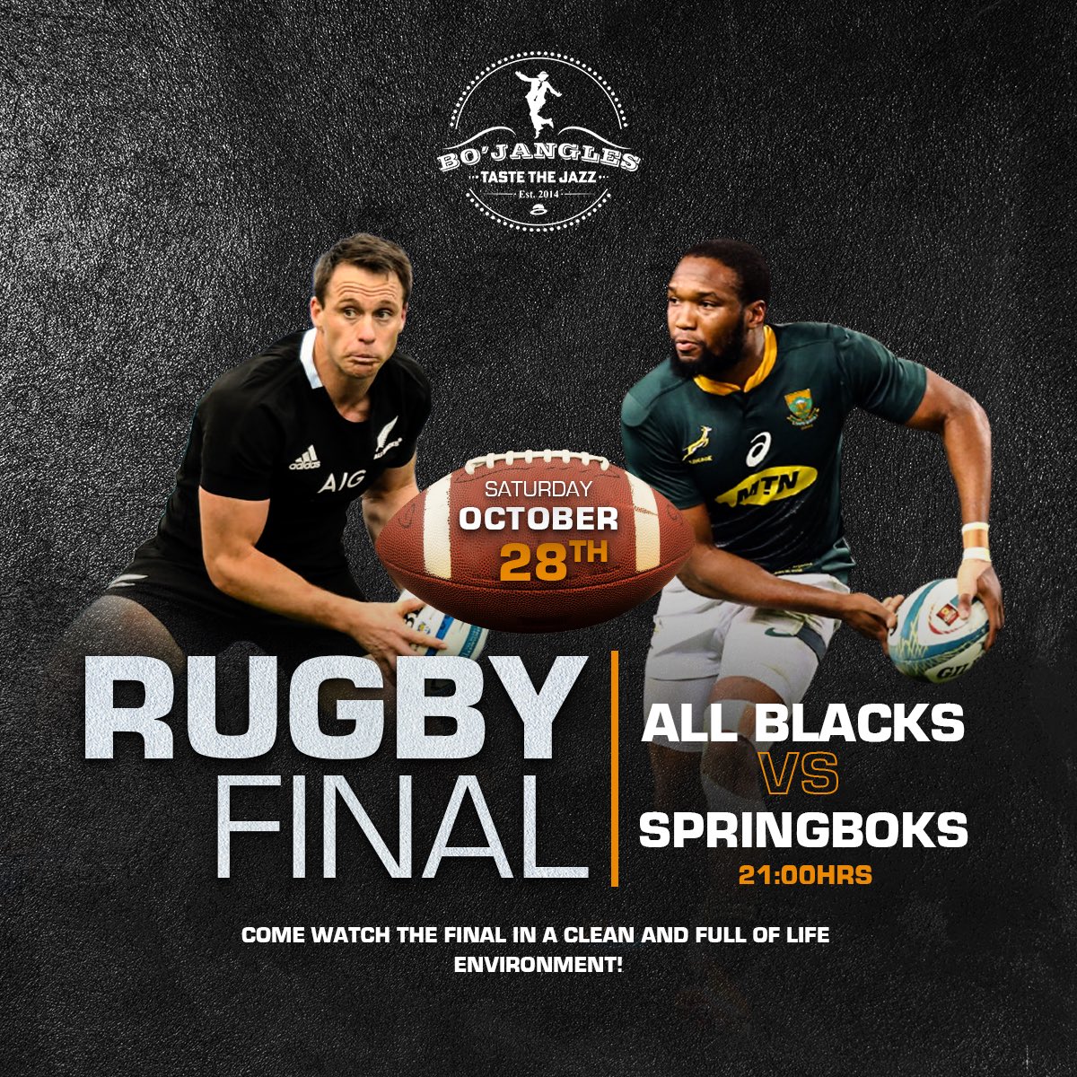 bo_janglesLsk's tweet photo. The ultimate Rugby showdown! 🏆 

The All Blacks face off against the Springboks in the Rugby Final!
Tonight 21:00hrs. 📅

Bring your friends, feel the jazz, and cheer for your team

#RugbyFinalAtBojangles #AllBlacksVsSpringboks #TasteTheJazz https://t.co/uhdvlGUgLG
