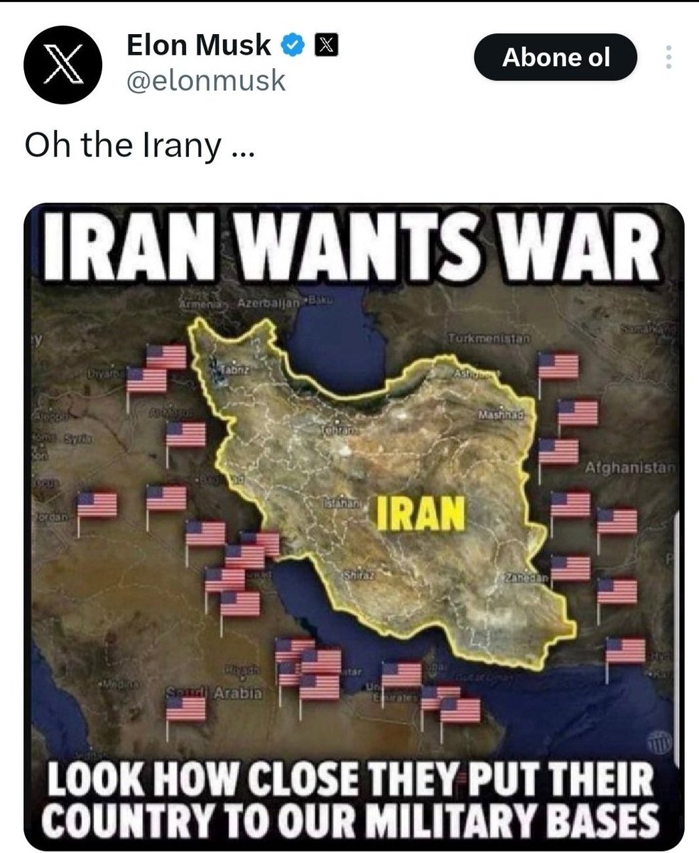 abdullahciftcib's tweet image. Elon Musk ABD ile dalga geçiyor. 
"İran, savaş istiyor. Bakın, onlar ülkelerini bizim askeri üslerimizin ne kadar yakınına kurmuşlar."