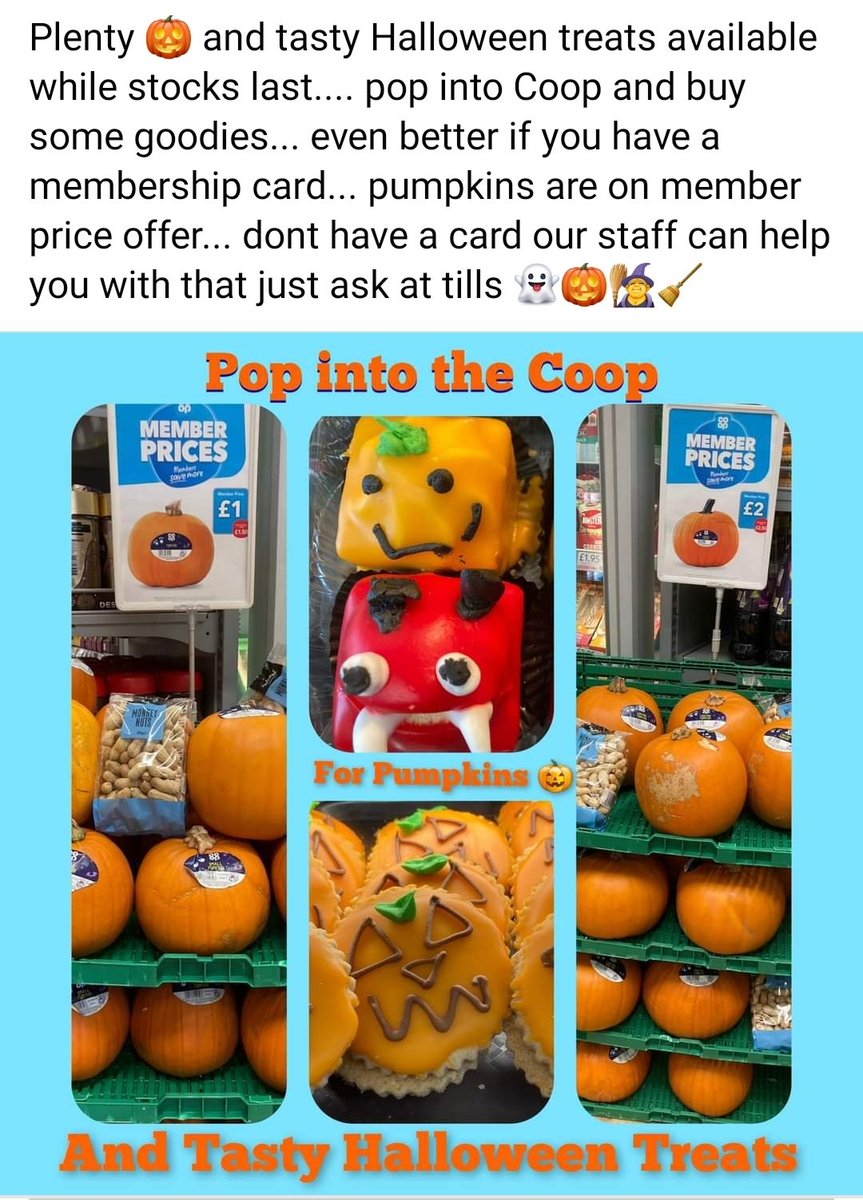 Needing a pumpkin or spooky yummy treats we have them at Bridge of Earn 🎃👻🧙‍♀️.. <a href="/WillMorris007/">Will Morris</a> <a href="/CranstonGraeme/">Graeme cranston</a> <a href="/Tom_MPM/">Tom Copeland</a> <a href="/CindyMo34072747/">Cindy Morris</a> <a href="/coopuk/">Co-op</a> #coopradio