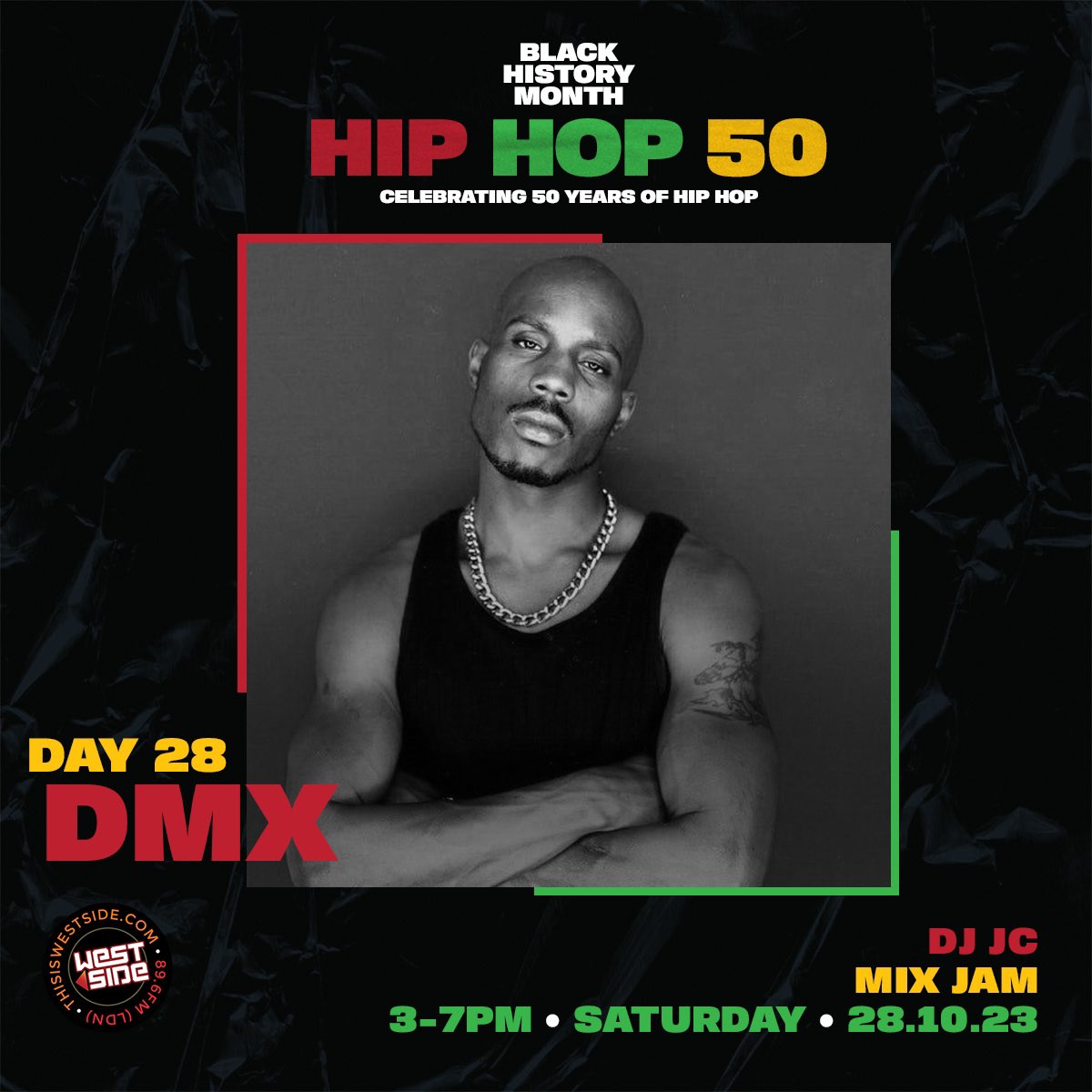 #BlackHistoryMonth Day 28 - Celebrating 50 years of Hip Hop with a tribute to the legend <a href="/DMX/">DMX</a> on the #MixJam w/ <a href="/DJJCLDN/">DJ JC</a> 3-7pm 

🔊 thisiswestside.com | 89.6FM LDN