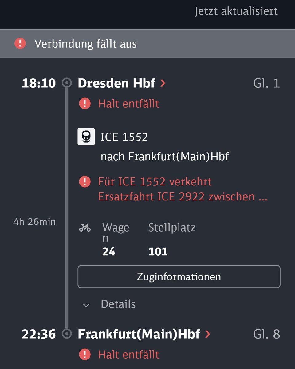KaiMenze's tweet photo. Hallo @DB_Bahn, hat der ICE 16:10 ab Dresden noch Radkapazitäten bis Frankfurt und wenn ja, darf ich diesen als Ersatz nutzen? https://t.co/wPvrRICASA