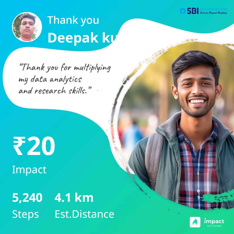 By walking with the Impact App, I recently raised ₹20 rupees for the cause Transforming BSFI Sector. Many thanks to IIT Bombay for supporting my workout. Join the movement. Download the app onelink.to/impact