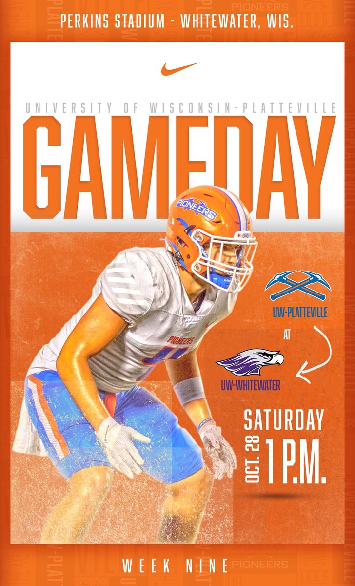 The Miners Axe is on the line! ⛏ #SwingTheAxe  
<a href="/UWPlattFootball/">UW-Platteville Football</a> travels to No. 5 UW-Whitewater for the George Chryst Memorial Bowl! Kickoff is set for 1 p.m. in Perkins Stadium. 
📺📈🎙letsgopioneers.com/composite?d=20…
#uwp #uwplatteville #platteville #WIAC