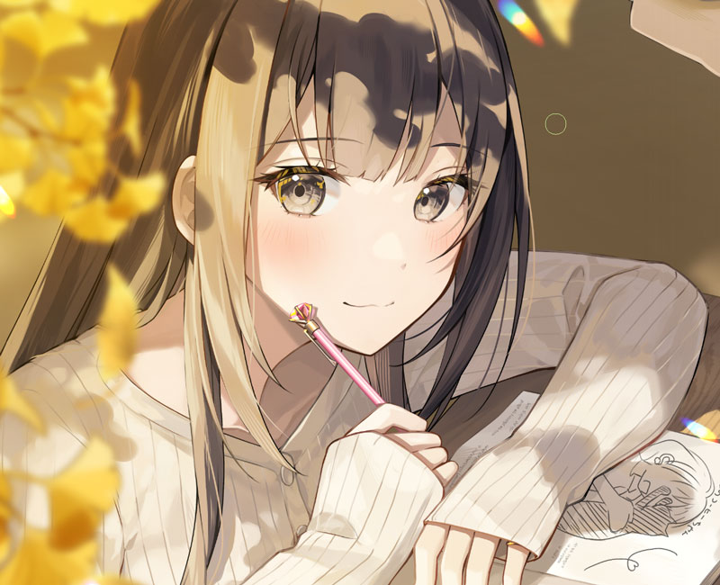 1girl sleeves past wrists long hair holding blurry foreground looking at viewer bangs  illustration images