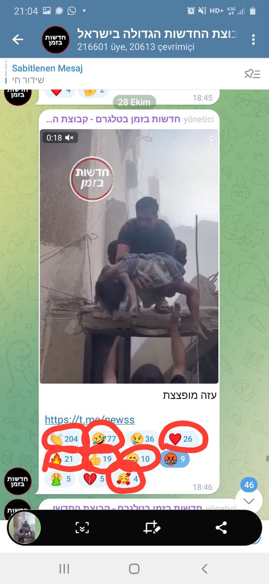 Bakın arkadaşlar,
Geçen gün twitterda emoji attığım için tehdit edildiğin bir israil Telegram haber kanalından bahsetmiştim
Yaptığı bir haber ve tepkileri sizinle paylaşmak istiyorum.
Haber de gazzede bombalardan ölmüş bir kız çocuğunun enkazdan çıkarılıp taşındığı görünüyor.
Bu