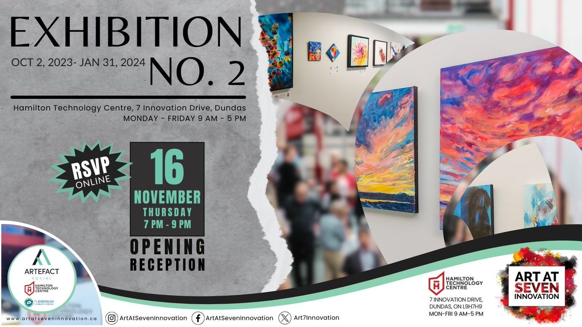 Join us as we officially launch #Exhibition No. 2 of Art at Seven Innovation. This fun event is open to all as we celebrate with local #artists, friends, family &amp; community. Music/drinks/refreshments &amp; #art!  RSVP: artatseveninnovation.ca/rsvp/
#HamOnt #artexhibition #Dundas #HamArts