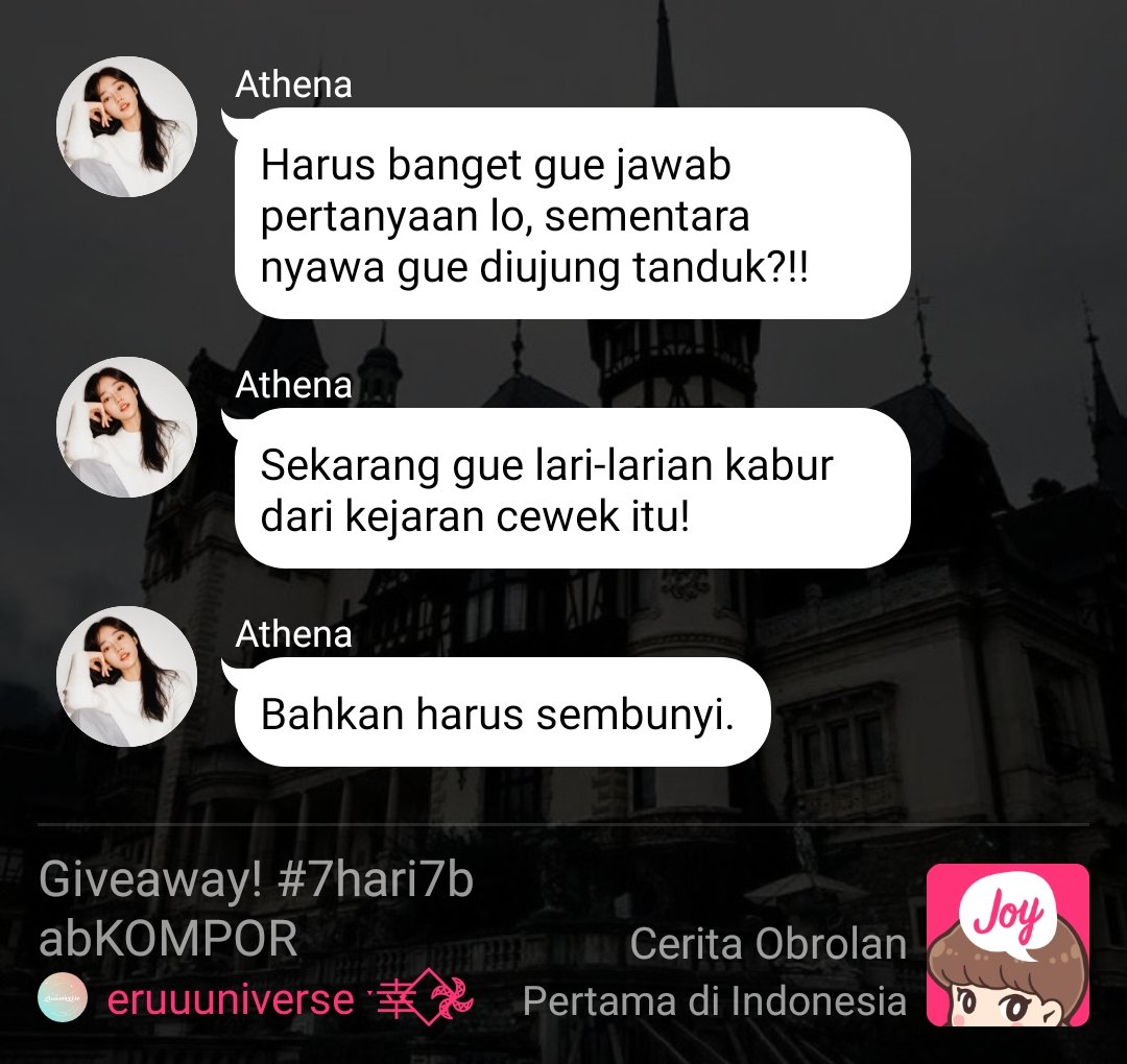 eruuuniverse's tweet photo. @Joylada_ID DAY 5

"GIVEAWAY"
—; a mystery / horror story
#7hari7babKOMPOR

Mendekati klimaks, dan perlahan misteri pun terungkap. Ada satu sosok di balik semua keanehan itu. 
Siapa ya? 

Tersedia di @Joylada_ID 
https://t.co/cL7tki9Mkr https://t.co/rnrPJzXYZT