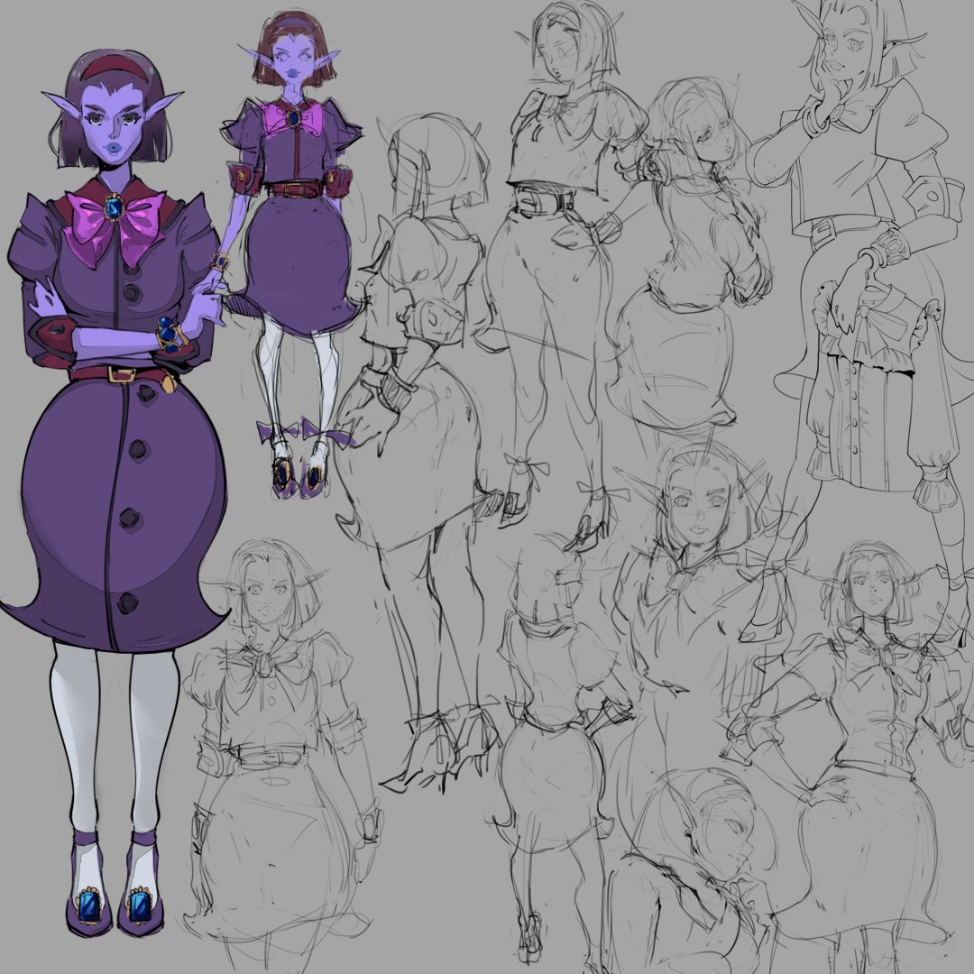 #baristaEXP - Sketches for new character Dahlia! Your elf NPC for all fashion retail! This sales associate is happy to help you buff your stats with a cute blouse or simply the ugliest helmet that decreases the amount of mana you use.