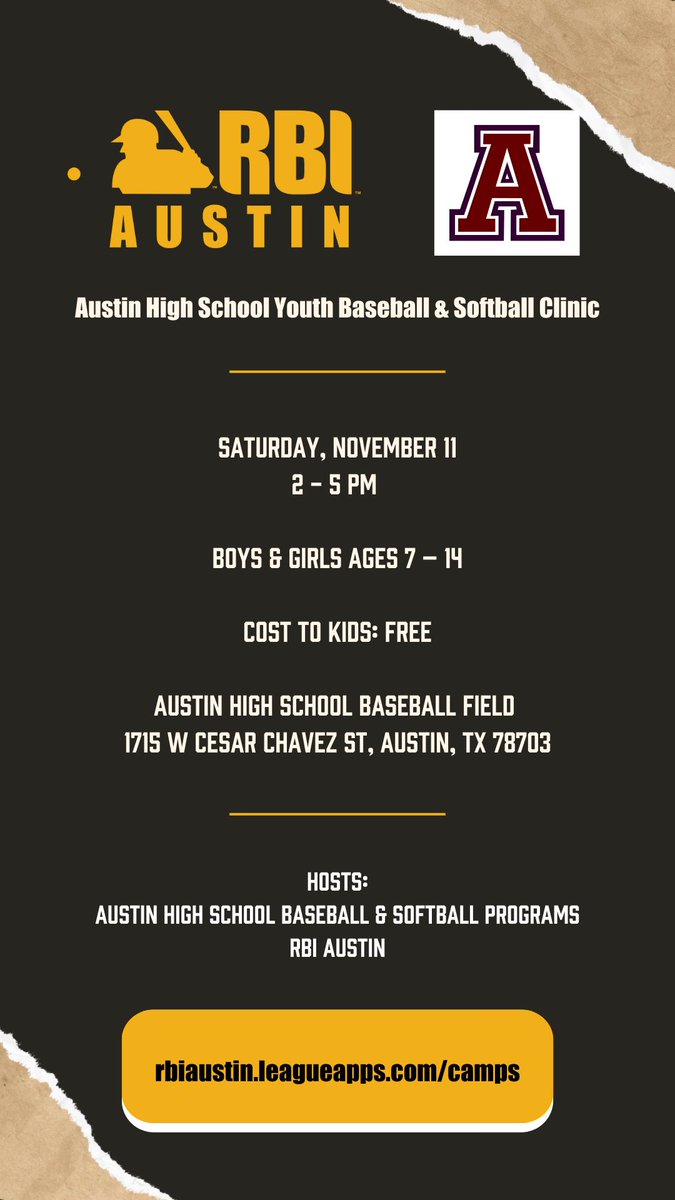 Come out to support our RBI Youth Fall Camp! November 11th. 2-5pm @ Austin High Baseball Field.

Follow the link on the bottom of the picture. Registration is Free. #Loyal4Ever