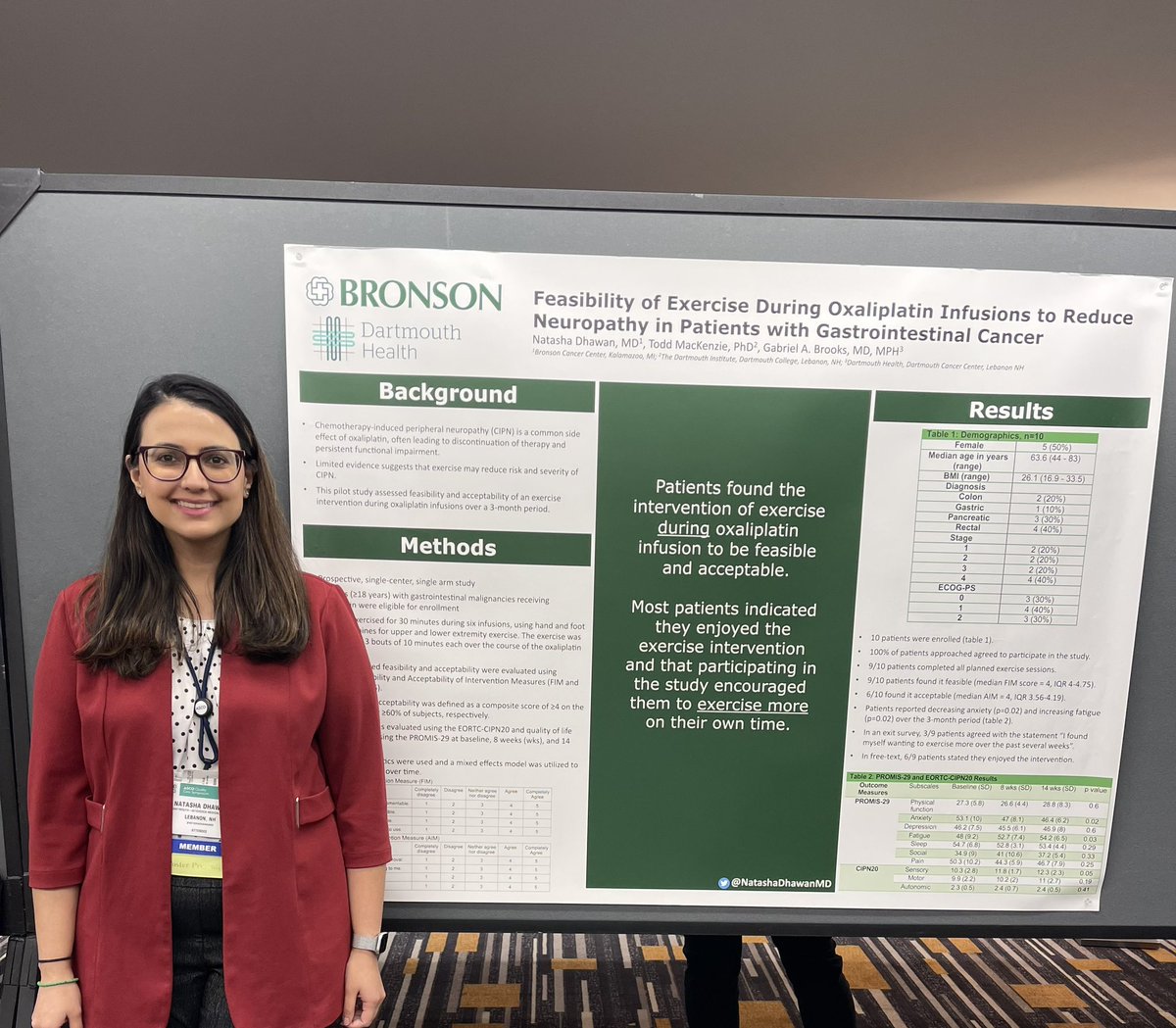 Excited to present my project evaluating the feasibility of exercise during oxaliplatin infusions in GI malignancies at #ASCOQLTY23 - under great mentorship of @gabe_a_brooks. Take away: Patients found exercising DURING oxaliplatin infusions feasible and acceptable!