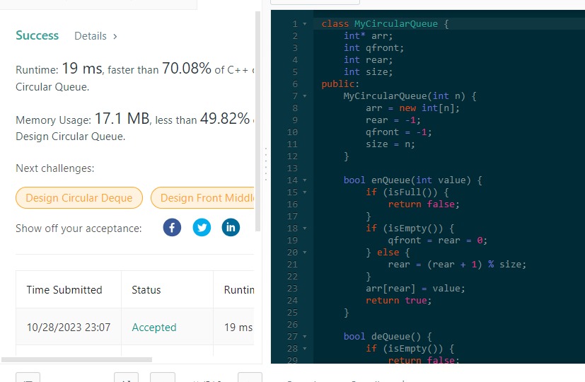 PoonjiJadon's tweet image. #75DaysOfDSA

Day 26/75:

 Studied about circular queue and did a medium level question on @LeetCode which was Design Circular Queue

#DSA #consistency #queue #problem #problemsolving