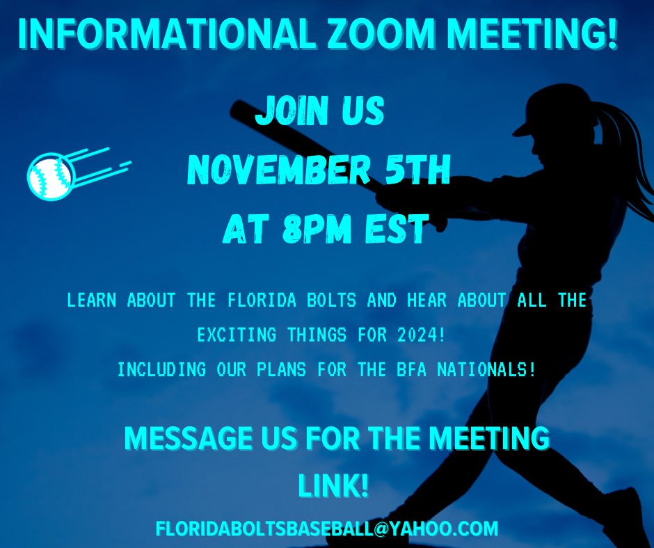 FLBoltsbaseball's tweet photo. Interested in joining the Bolts for the 2024 tournament year? 
Join us November 5th to hear about the exciting things we have planned for our teams! 

Message us or email us for the meeting link!

#allgirlsbaseball #girlsinbaseball #floridaboltsgirlsbaseball https://t.co/VmhS32S4nx