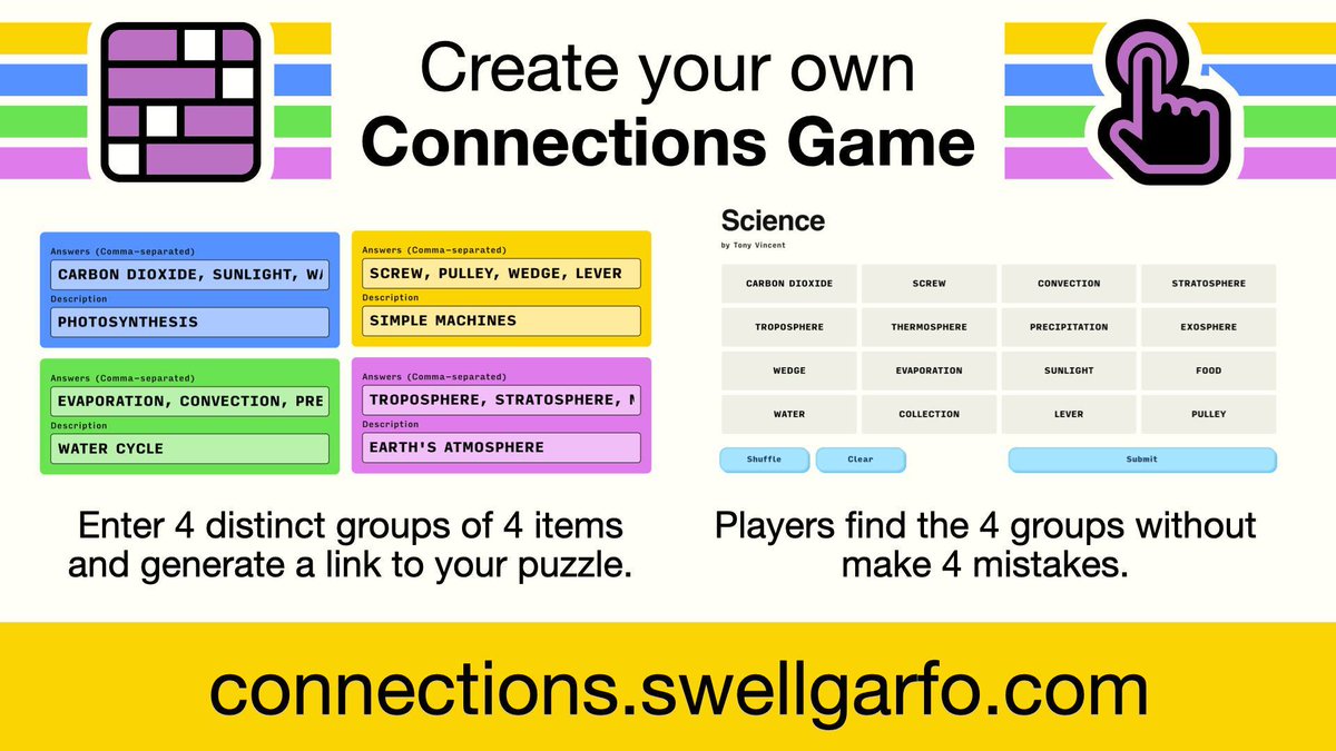 Made a 'Connections' game using the @swellgarfo game generator using topics that 4 of my staff members are passion about. Thank you @tonyvincent for sharing the app! Test it out here to play the game and learn about my staff --> connections.swellgarfo.com/game/-NhrOzRiU… #NewPrincipal #Shapegrams