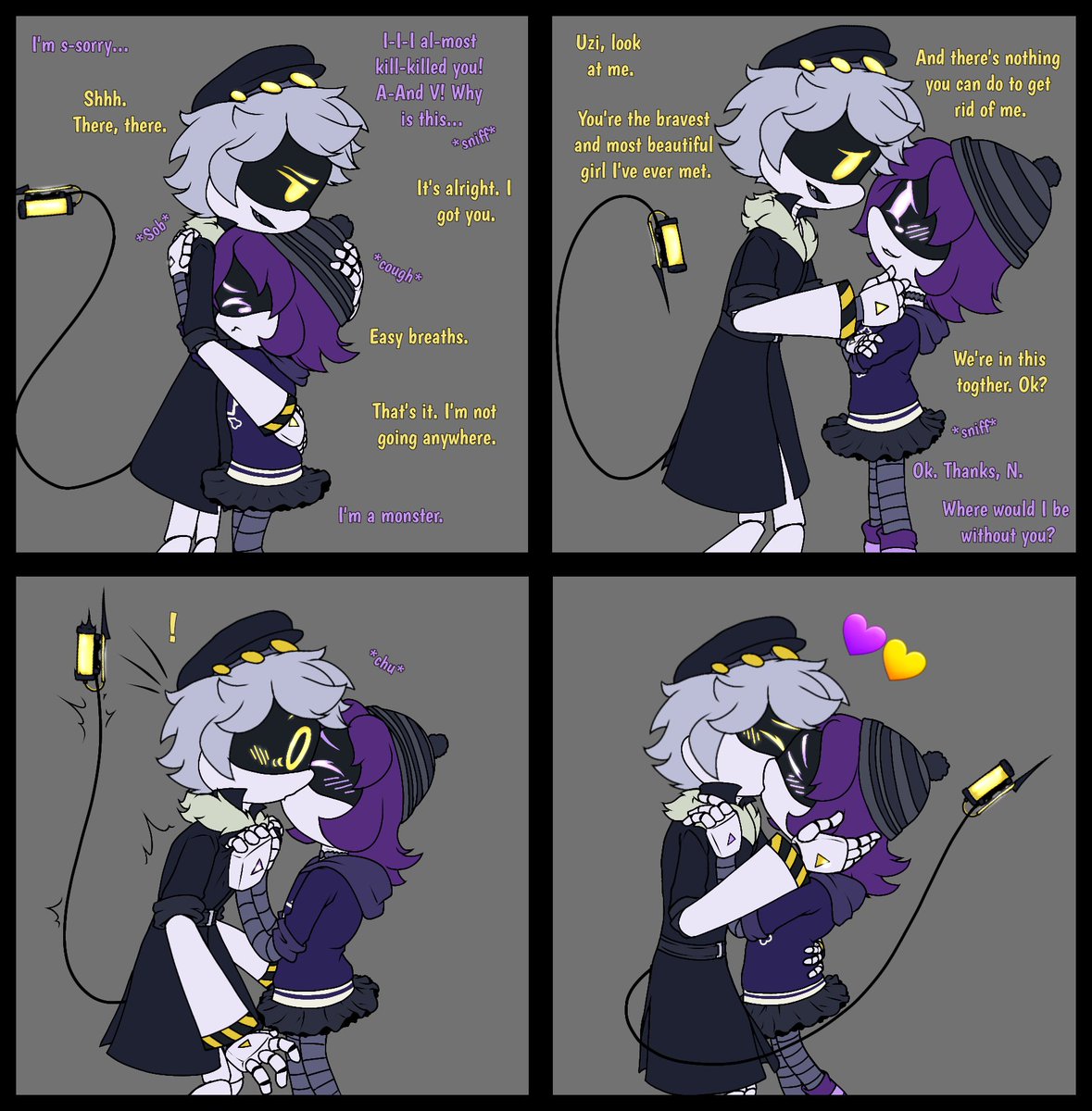 Jazperstarr's tweet photo. Nuzi - Together (comic strip)
I just wanted to draw something cute for fun. And robots kissing. #nuzi #murderdrones #NxUzi https://t.co/j6KtKL9UmD