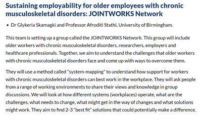 The #NIHR Policy Research Programme has awarded £1.5m in projects for work and health.  We are very excited @unibirmingham to be one of the funded projects supporting older employees with #MSDs #JOINTWORKs @AfroditiStathi @ColinGreaves1 @Sally_Fenton_ @UBSportExR @ACPOHE @thecsp