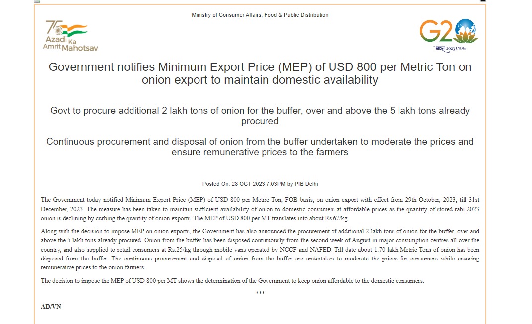 UpendrraRai's tweet photo. Government notifies #MinimumExportPrice (MEP) of USD 800 per Metric Ton on onion export to maintain domestic availability. Govt to procure additional 2 lakh tons of onion for the buffer, over and above the 5 lakh tons already procured: Ministry of Consumer Affairs, Food & Public Distribution @jagograhakjago
