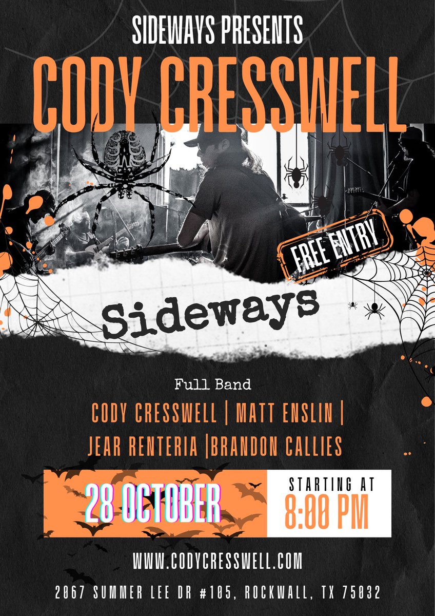 TstBuzz's tweet photo. Trick or Shots?  Come out and play!  @CodyCresswell and the boys will be at Sideways tonight at the Harbor in Rockwall!  #trickorshots #huntcountyboys #tstbuzz #saturdaynightfullband #spooky #halloweenweekend #LiveMusicExperience #texasmusic #topshelf #texasboys #letsgo https://t.co/dIYx4KefQy