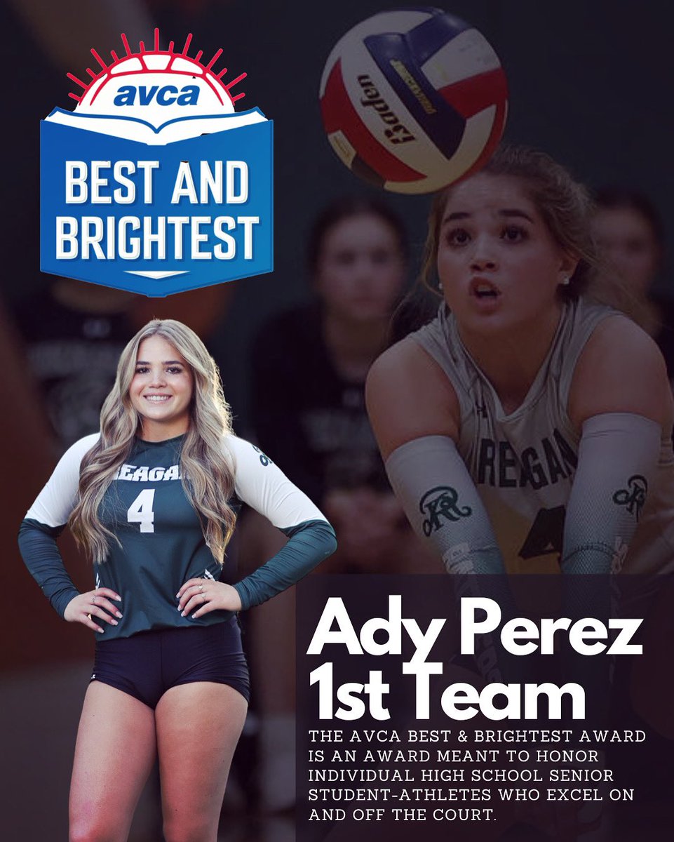 sareaganvolley1's tweet photo. Ady Perez earns 1st Team on the American Volleyball Coaches Association’s Best and Brightest. The award meant to honor individual high school Senior student-athletes who excel on and off the court. 💚🐍💚  #ExcellenceInAllWeDo @reaganwayrhs @AVCAVolleyball
https://t.co/2pL4LhD0qg https://t.co/biPEj3bFri