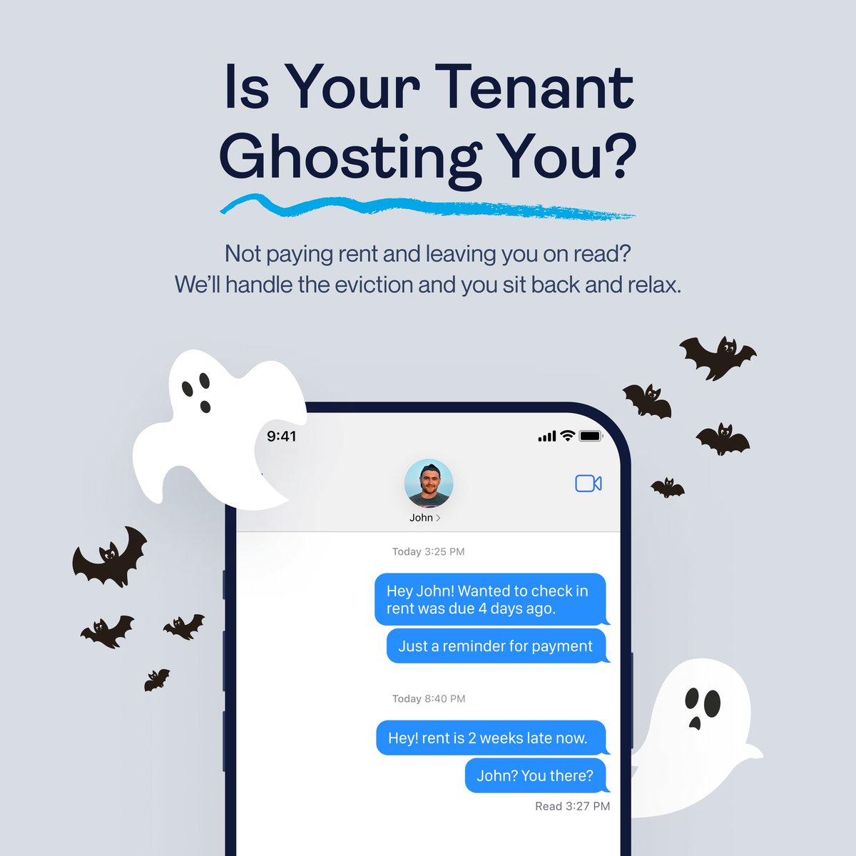 Don't let your tenant ghost you this Halloween season! 👻 

Haunted by unpaid rent and eerie silence?

We'll handle the hassle while you sit back and relax. 

 #HalloweenRentalHorror  #PropertyManagement #HauntedByRent #GhostingTenants #PropertyProblems #RentalManagement