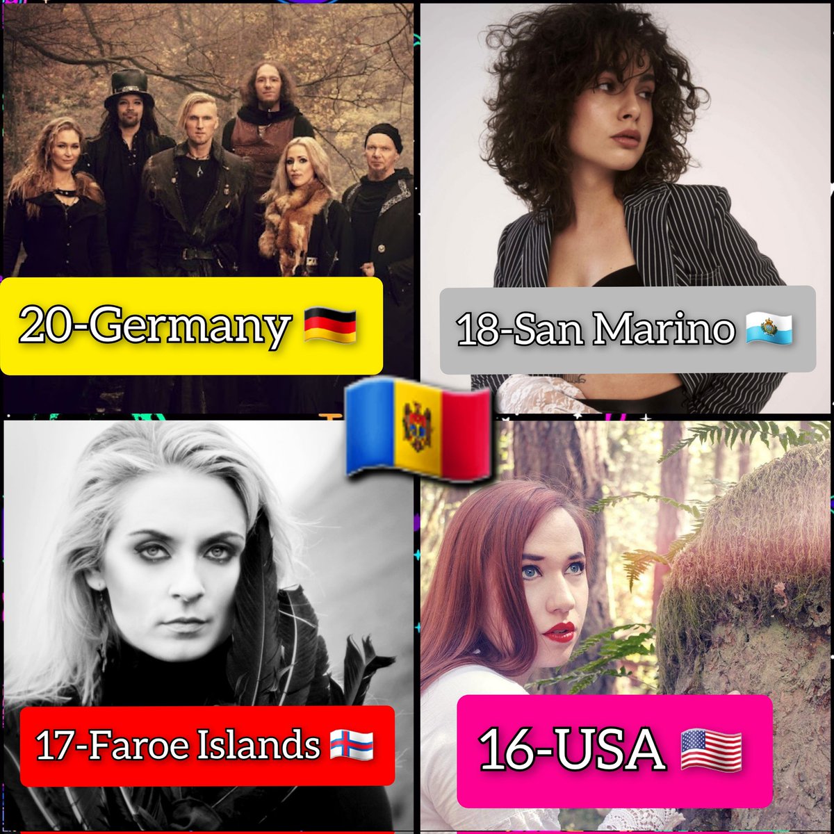 minnievisionsc's tweet photo. @nochnoypilot And the Top 4 Moldovan points go to...

20-Germany 🇩🇪 (@toutIunivers)
18-San Marino 🇸🇲 (@eurovision_jack)
17-Faroe Islands 🇫🇴 (@HopeSuisse)
16-USA 🇺🇸 (@beathyra)

Fĕlicitari! 🥳🥳🥳🥳🥳 https://t.co/F8M3wvTKMo