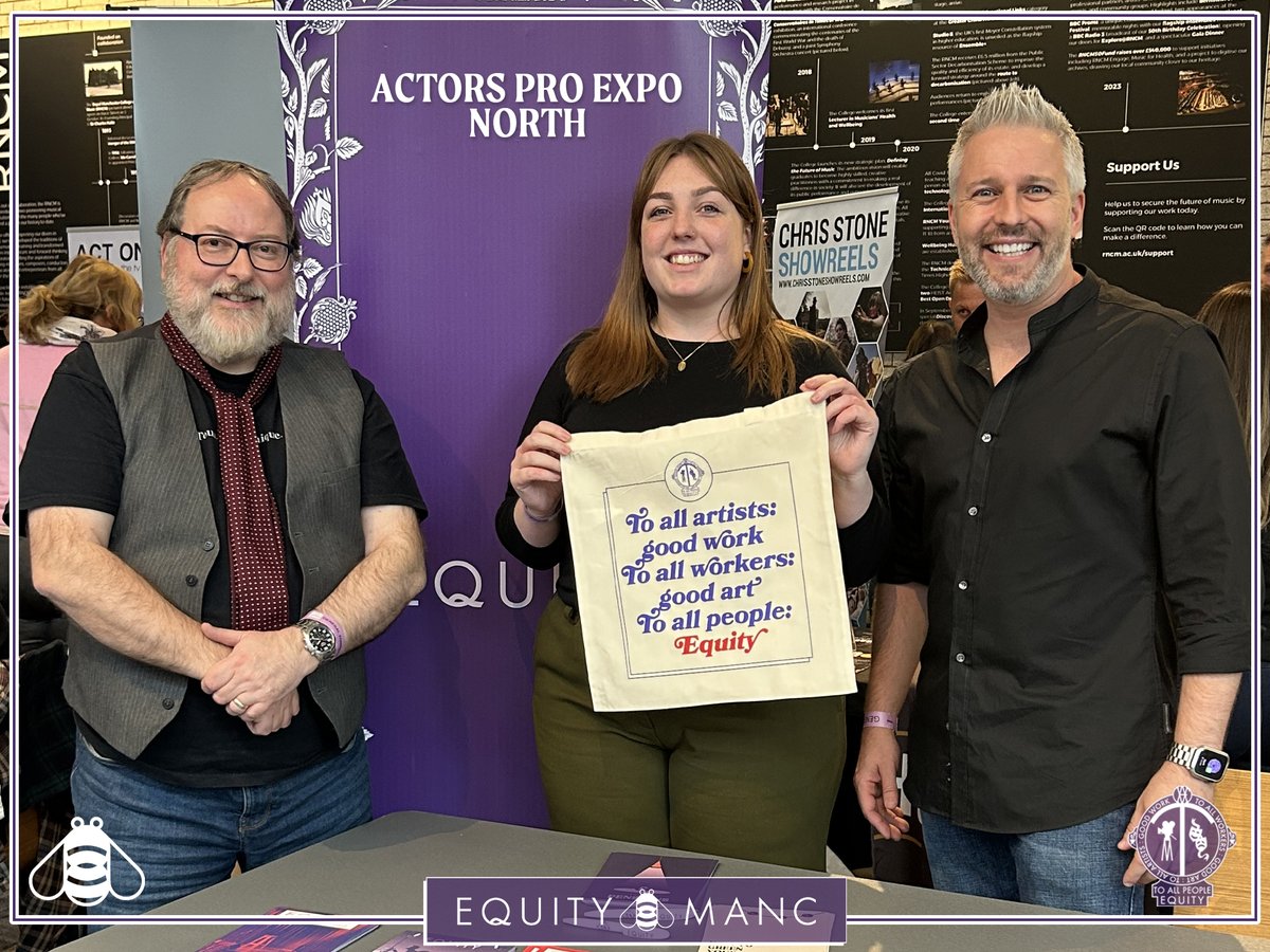 We had a great time chatting to new and potential members today at @ActorsProExpo North! Thank you to everyone who stopped by the @EquityUK stand to talk to Andrew, Ellie and Chris. #StrongerTogether 💜